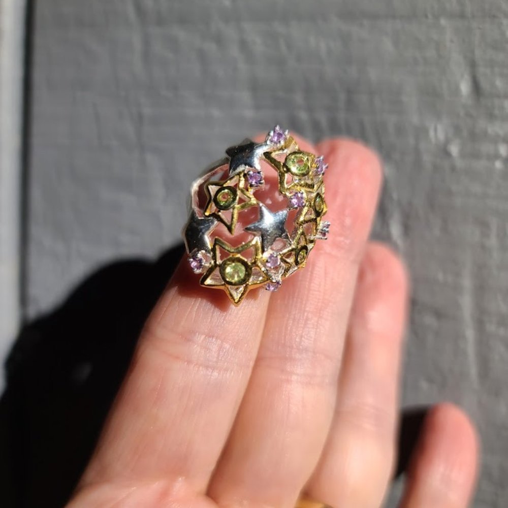 Amethyst & Peridot sterling and gold star dome ring sz6.5 - Picture 1 of 10